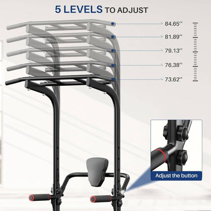 Adjustable pull-up bar with measurement details on a white background