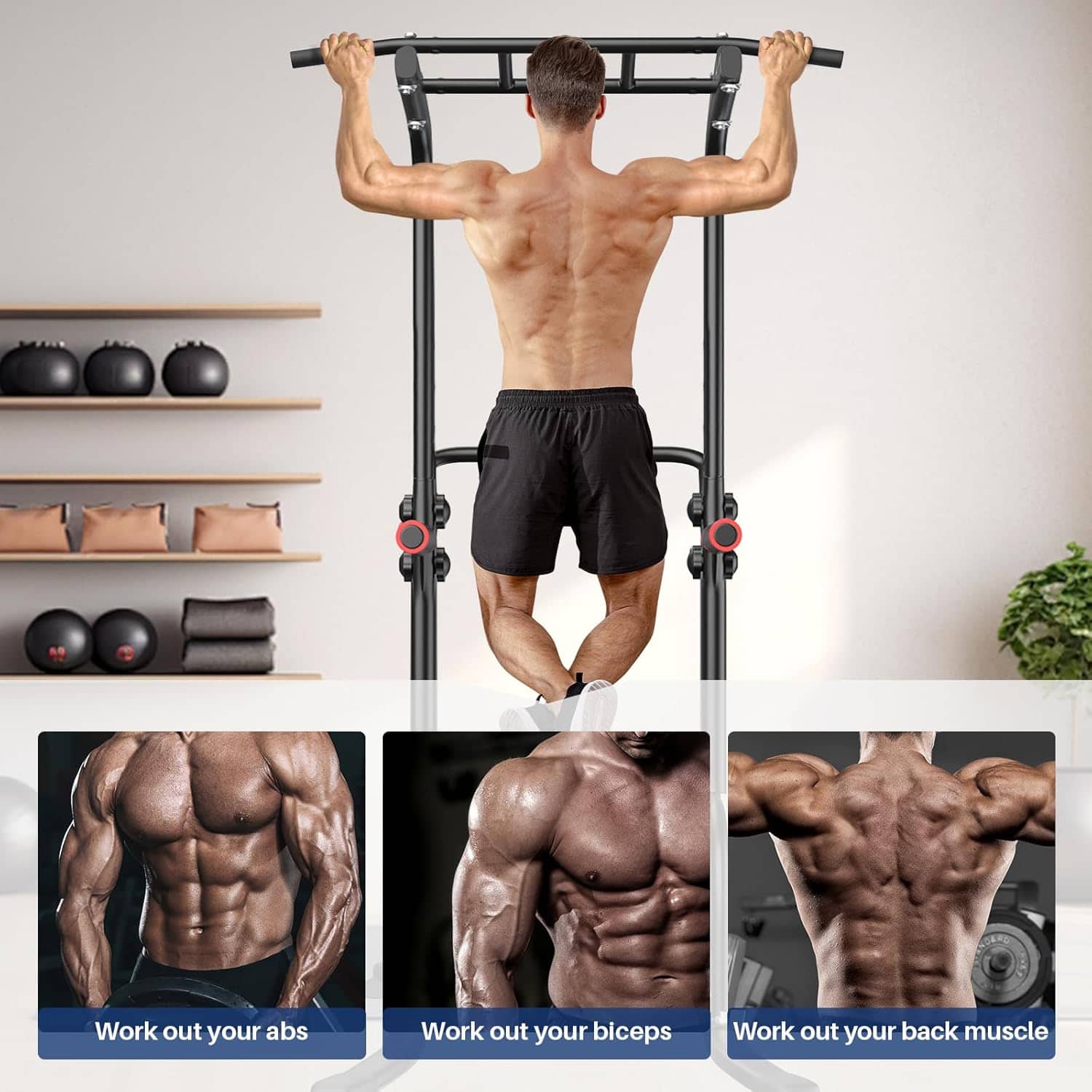 Man using a pull-up bar with inset images showing muscle groups worked on.