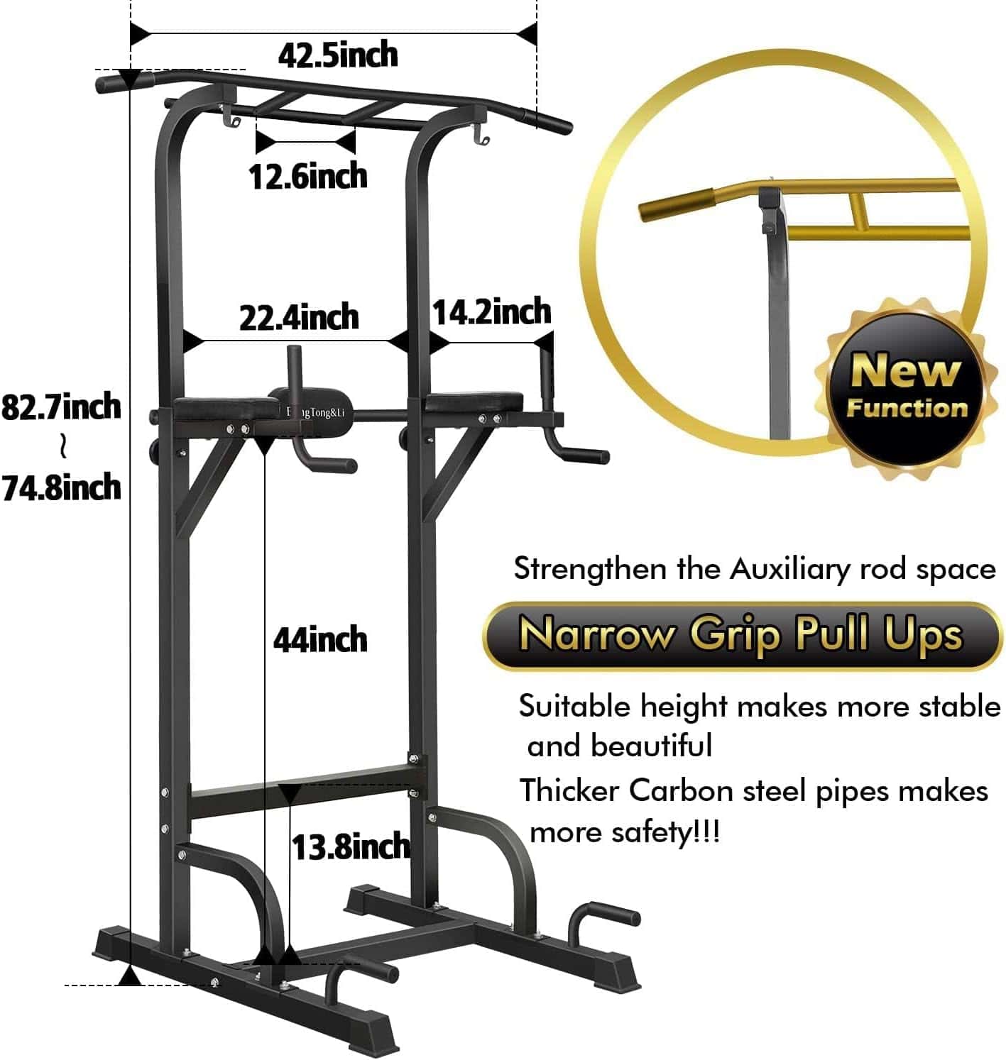 Black pull-up bar with measurements and features on a white background