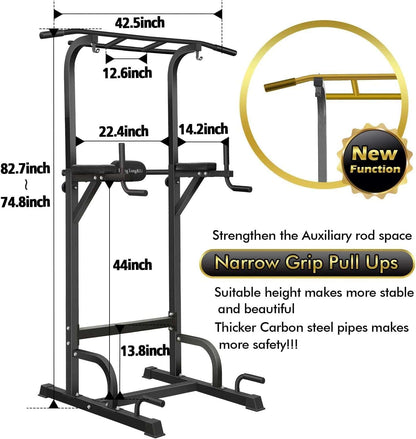 Black pull-up bar with measurements and features on a white background