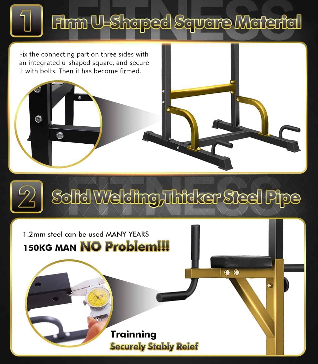 Gym equipment with text highlighting firm U-shaped square material, solid welding, and thick steel pipe.