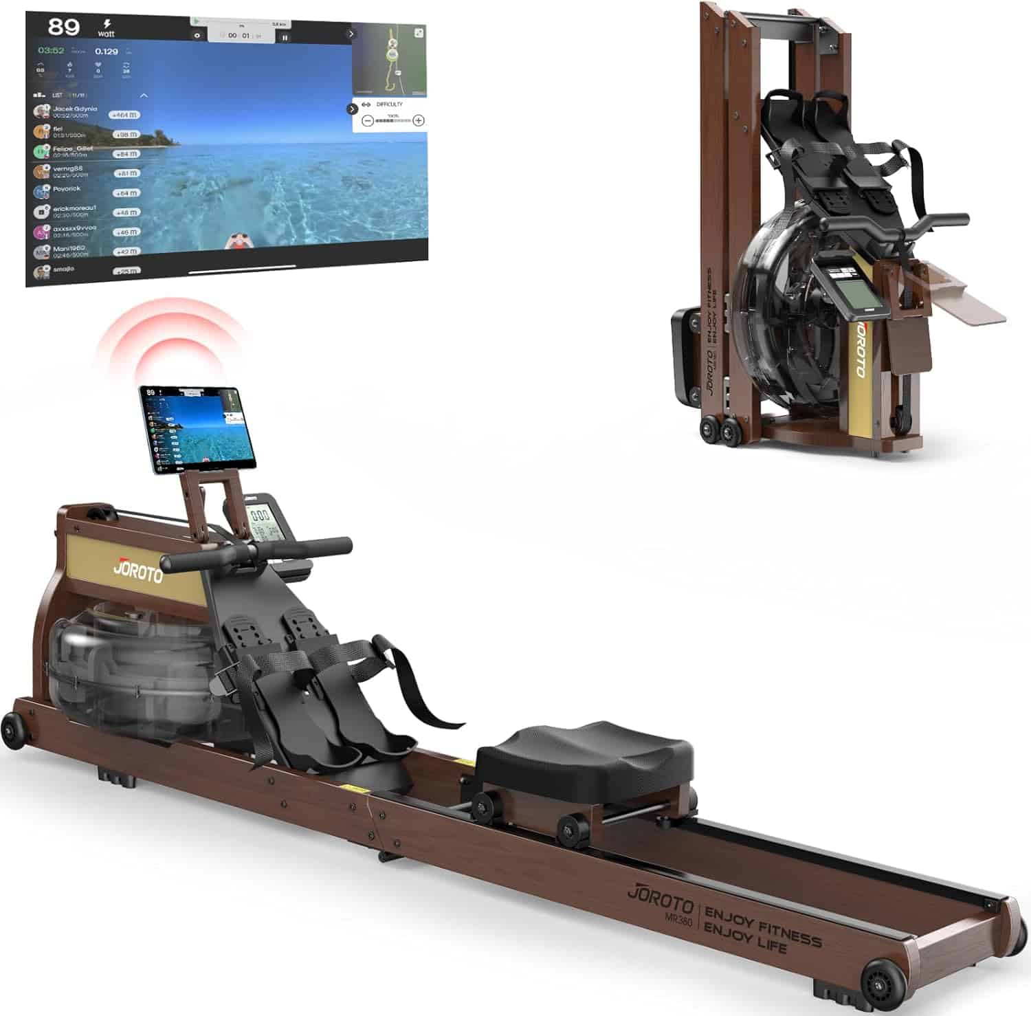 Rowing machine with digital display and screen showing a scenic view.