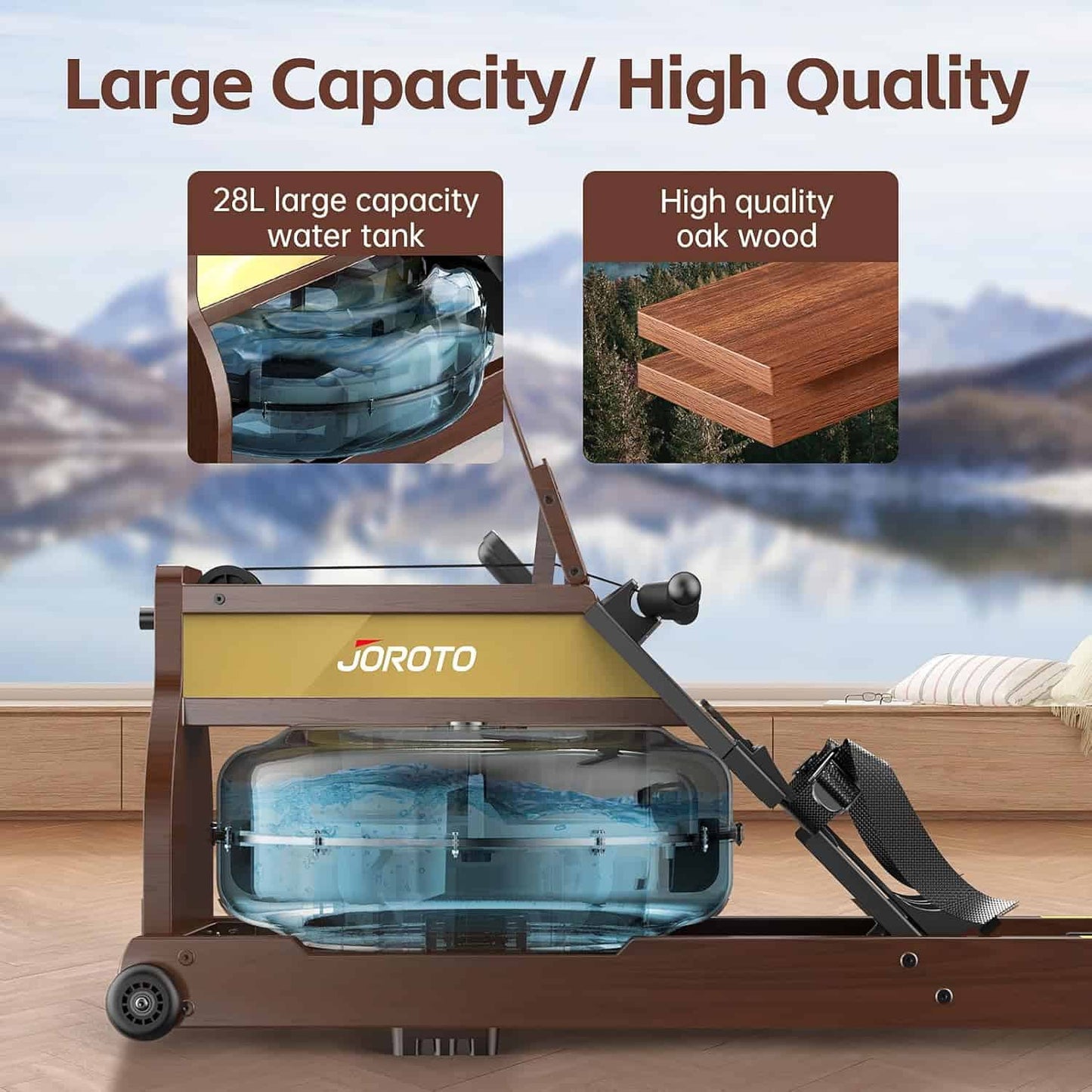Joroto water filter with large capacity water tank and high quality oak wood, set against a scenic background.