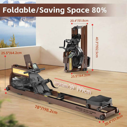 Foldable rowing machine with dimensions displayed on a wooden floor.