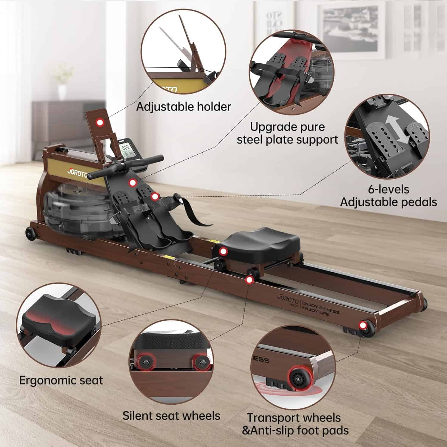Rowing machine with features highlighted on a wooden floor