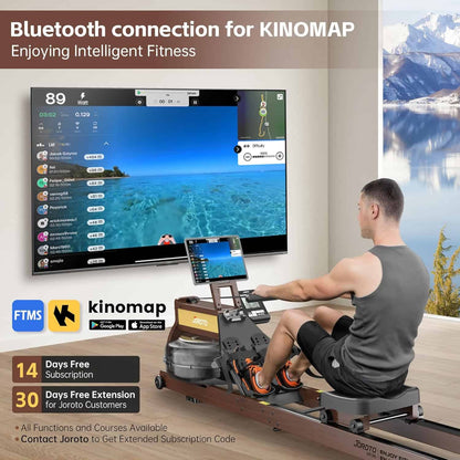 Person using a rowing machine with a screen displaying KINOMAP software, set against a scenic mountain backdrop.