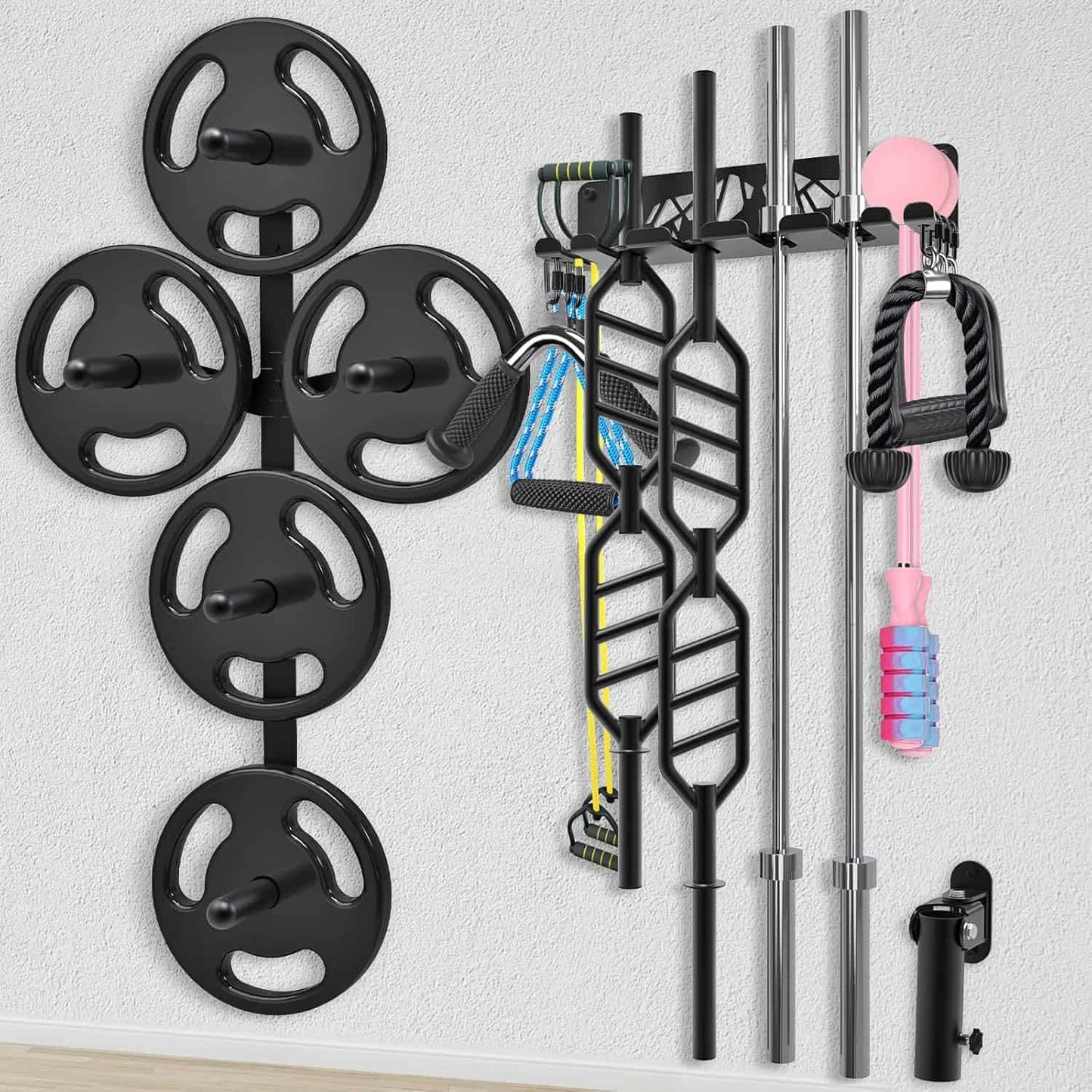 Wall-mounted gym equipment organizer with weight plates, resistance bands, and other fitness tools on a light gray wall.