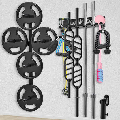 Wall-mounted gym equipment organizer with weight plates, resistance bands, and other fitness tools on a light gray wall.