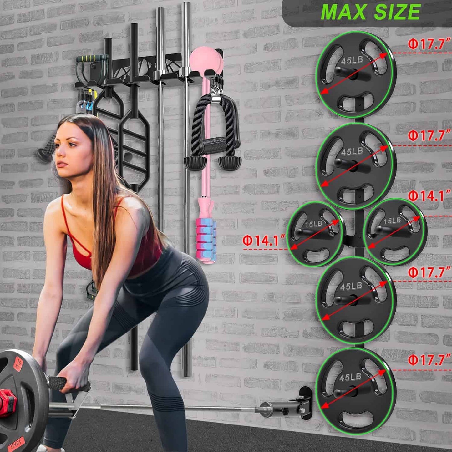 Woman exercising with weight plates on a gray brick wall background