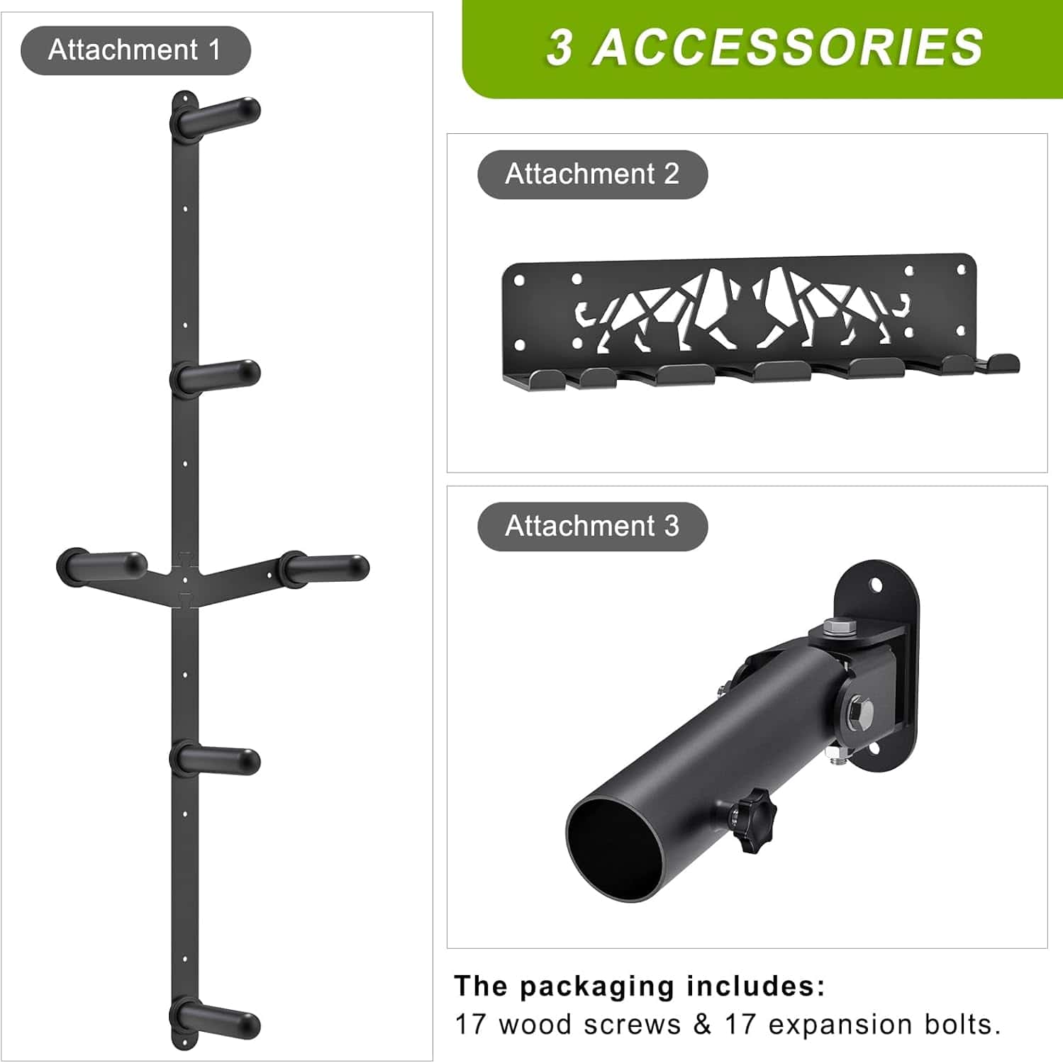 Set of three black metal attachments with labels on a white background