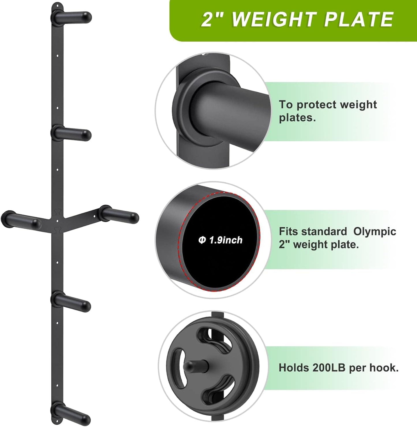 Wall-mounted weight plate holder with details on weight plate compatibility and capacity.