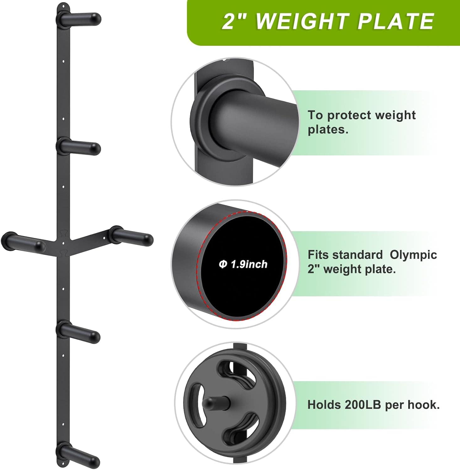 Wall-mounted weight plate holder with details on weight plate compatibility and capacity.
