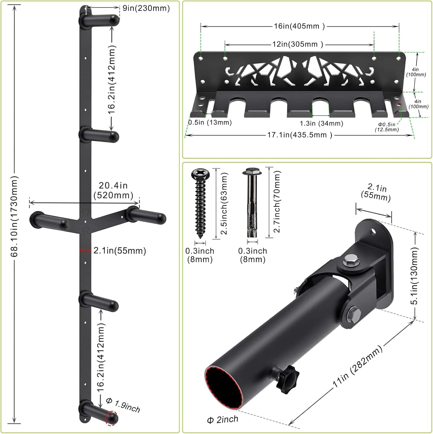 Black metal wall mount with dimensions and hardware details on a white background