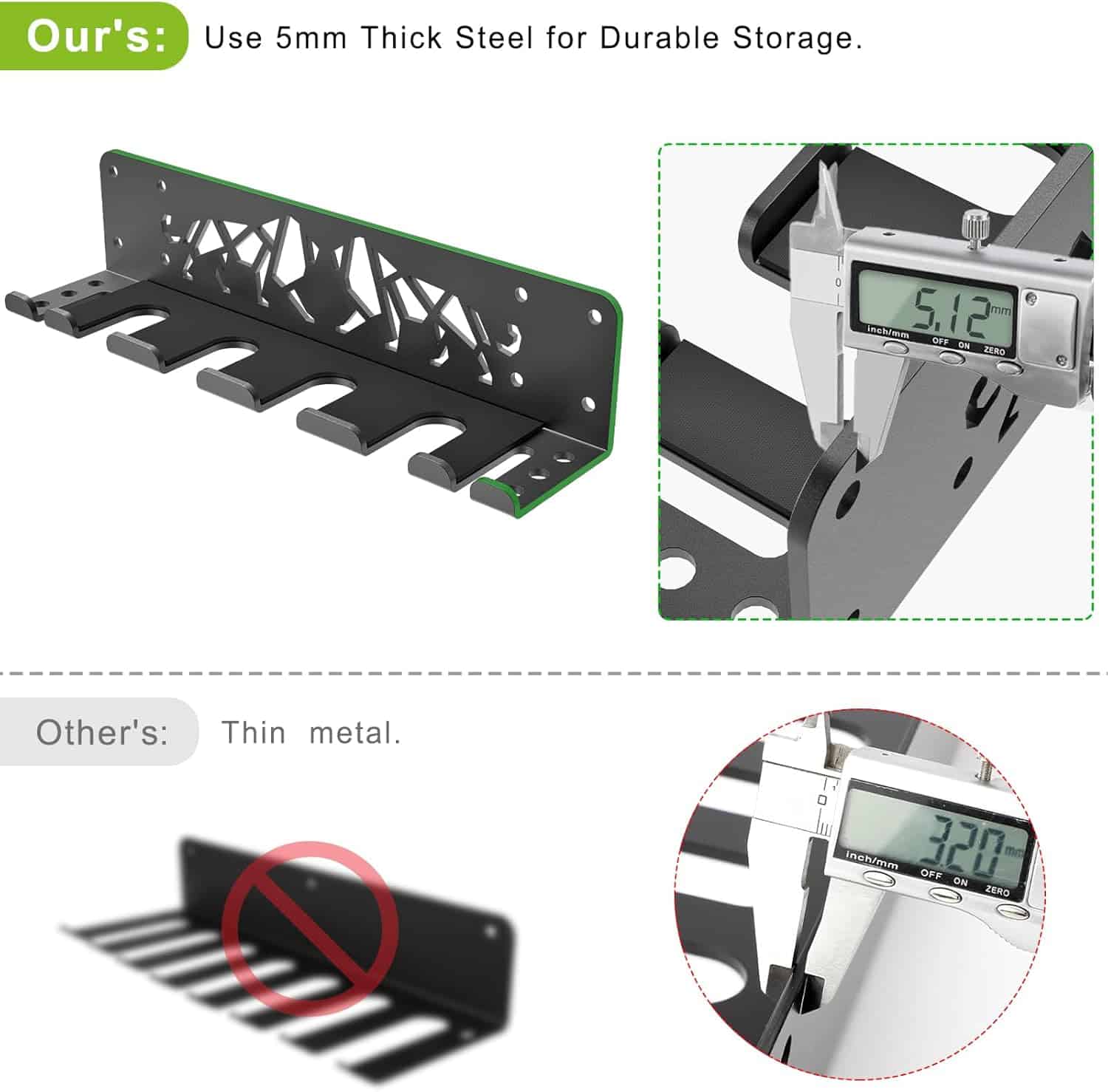 Metal storage rack with measurement details and comparison to thin metal.
