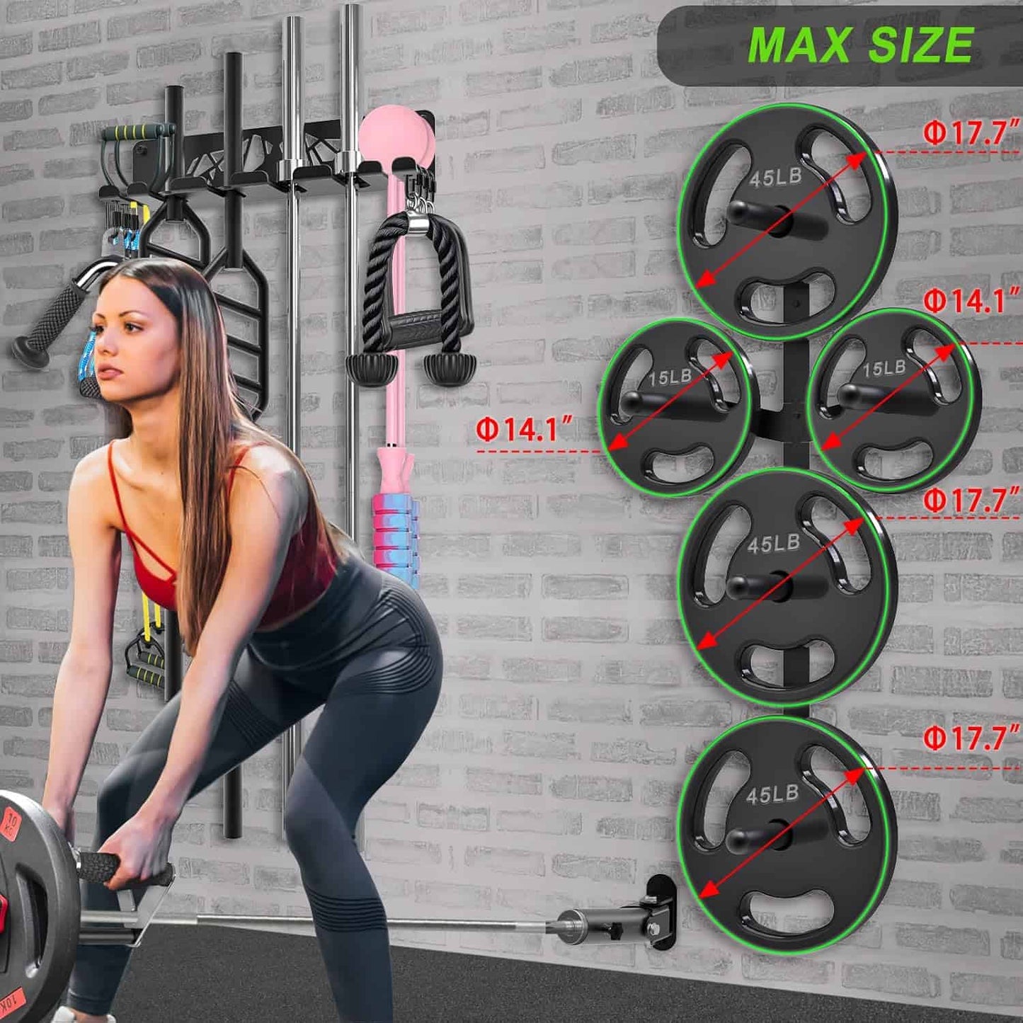 Woman exercising with gym equipment and weight plates on a gray brick wall background