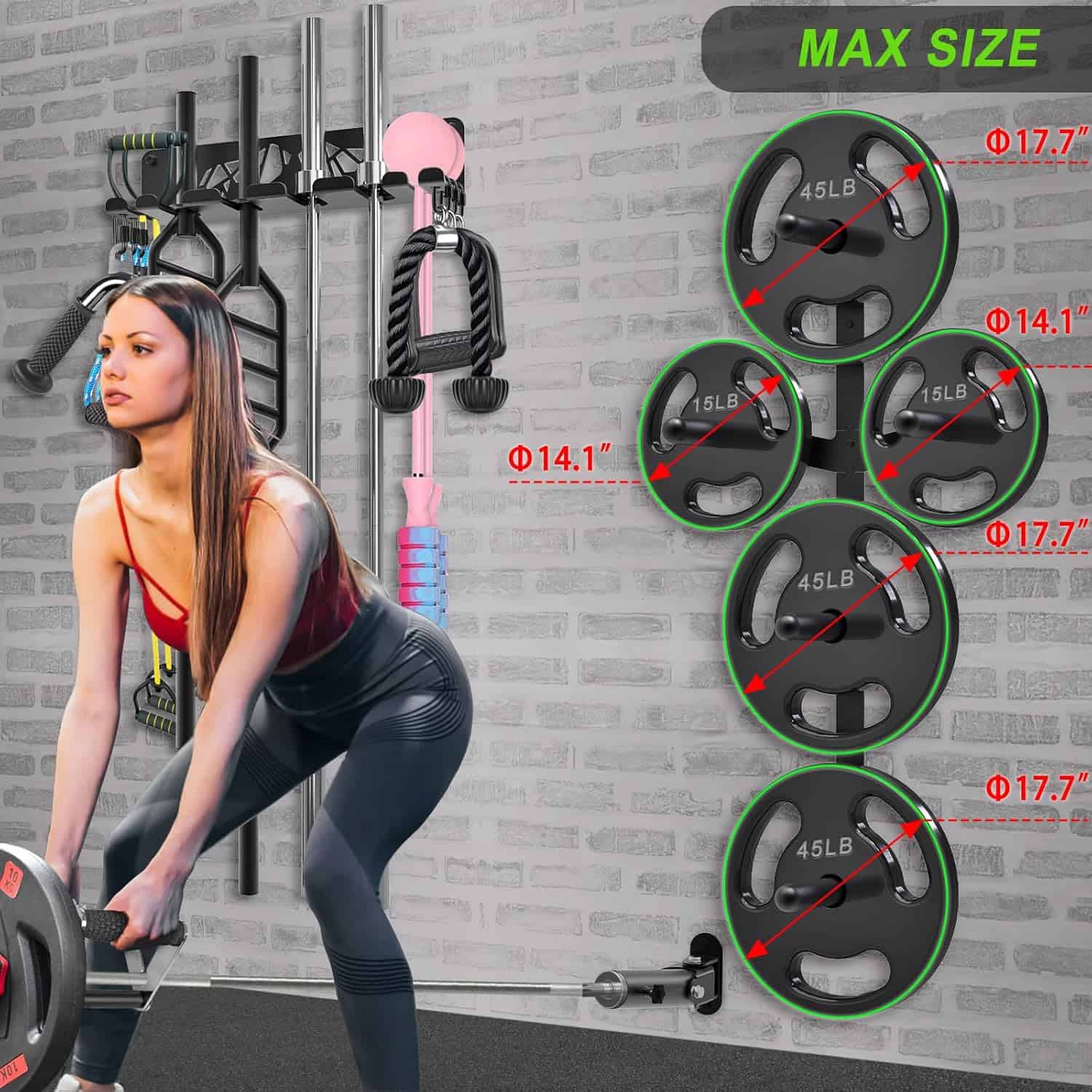 Woman exercising with gym equipment and weight plates on a gray brick wall background
