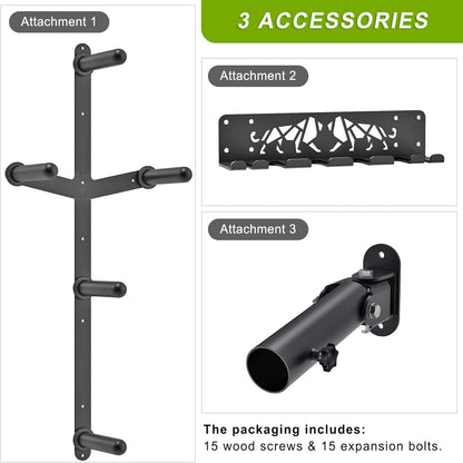 Set of three wall-mounted accessory attachments with labels and a brief description of included components.