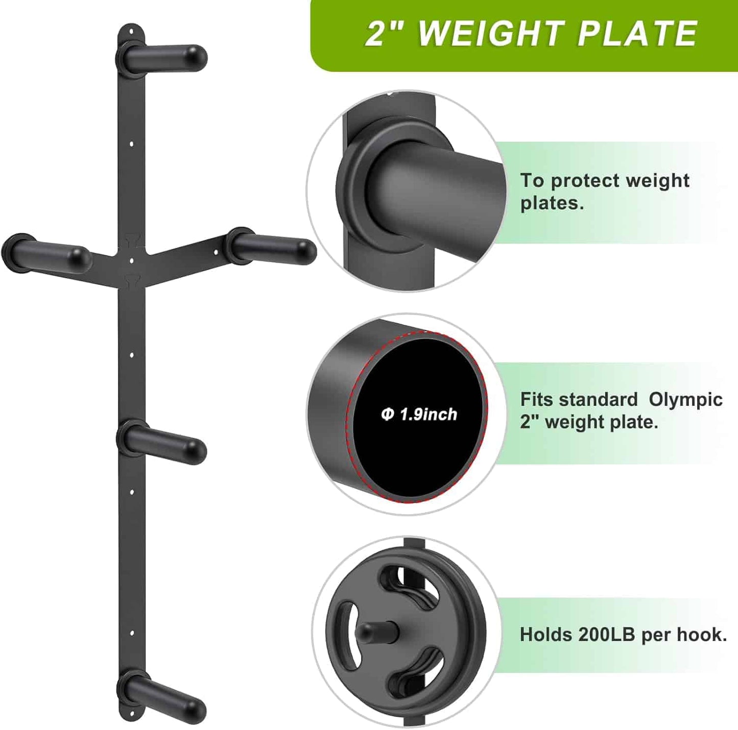 Wall-mounted weight plate holder with details on weight plates and capacity.