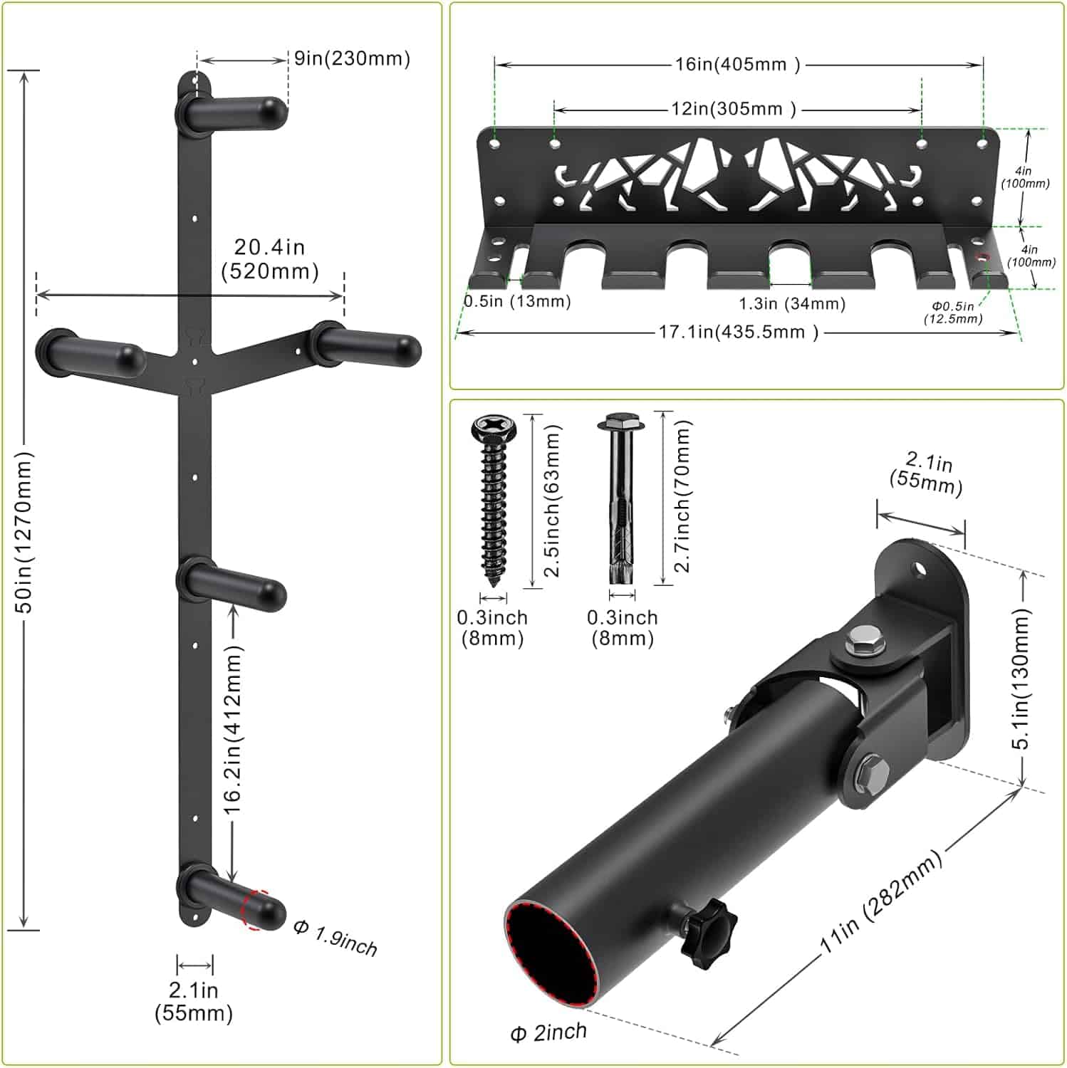 Black metal wall mount with dimensions and hardware details on a white background
