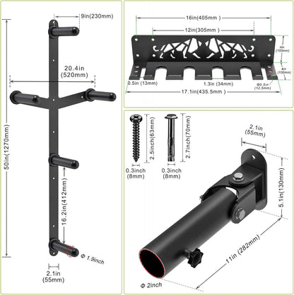 Black metal wall mount with dimensions and hardware details on a white background