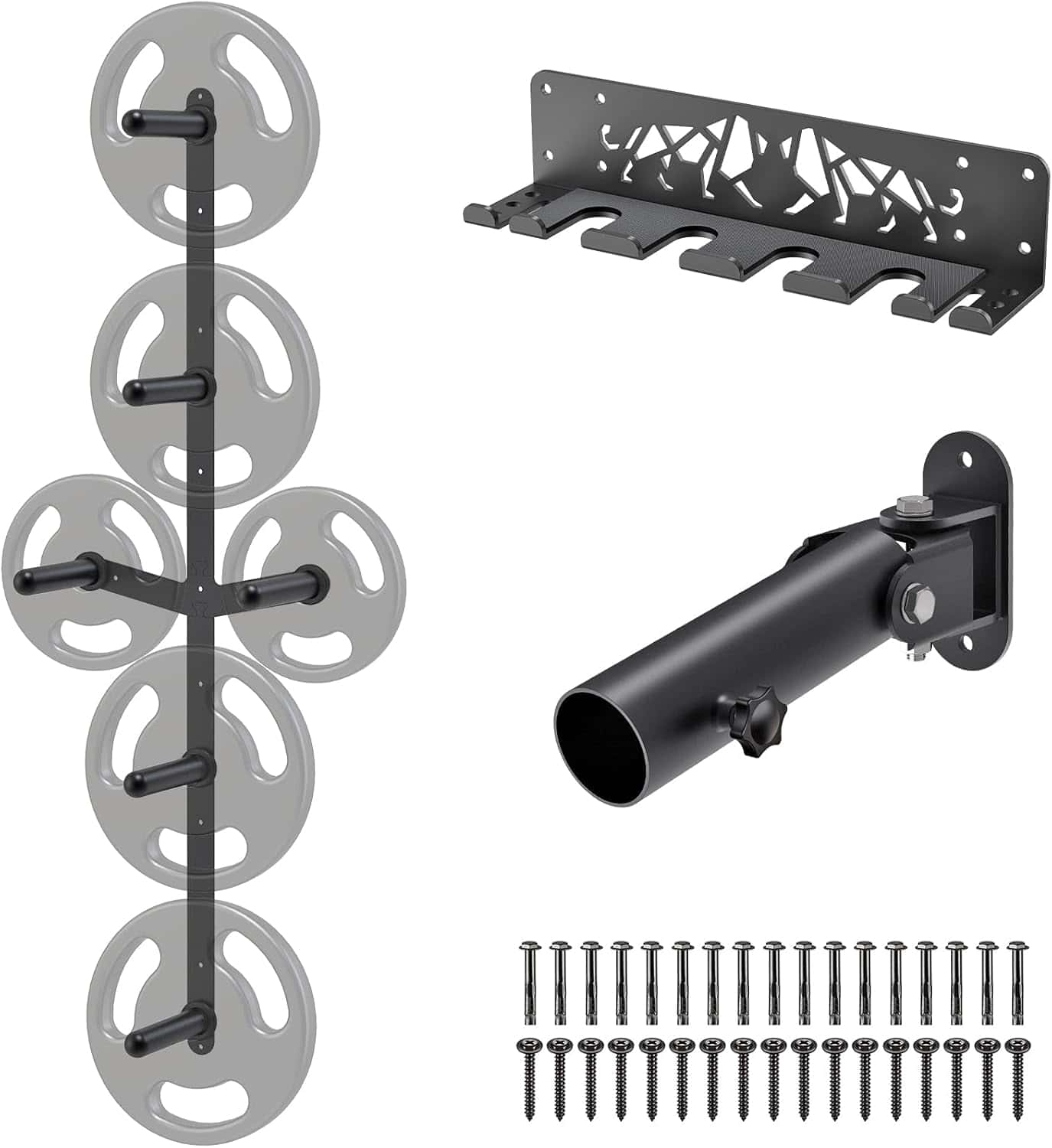 Set of black metal wall-mounted racks and components on a white background