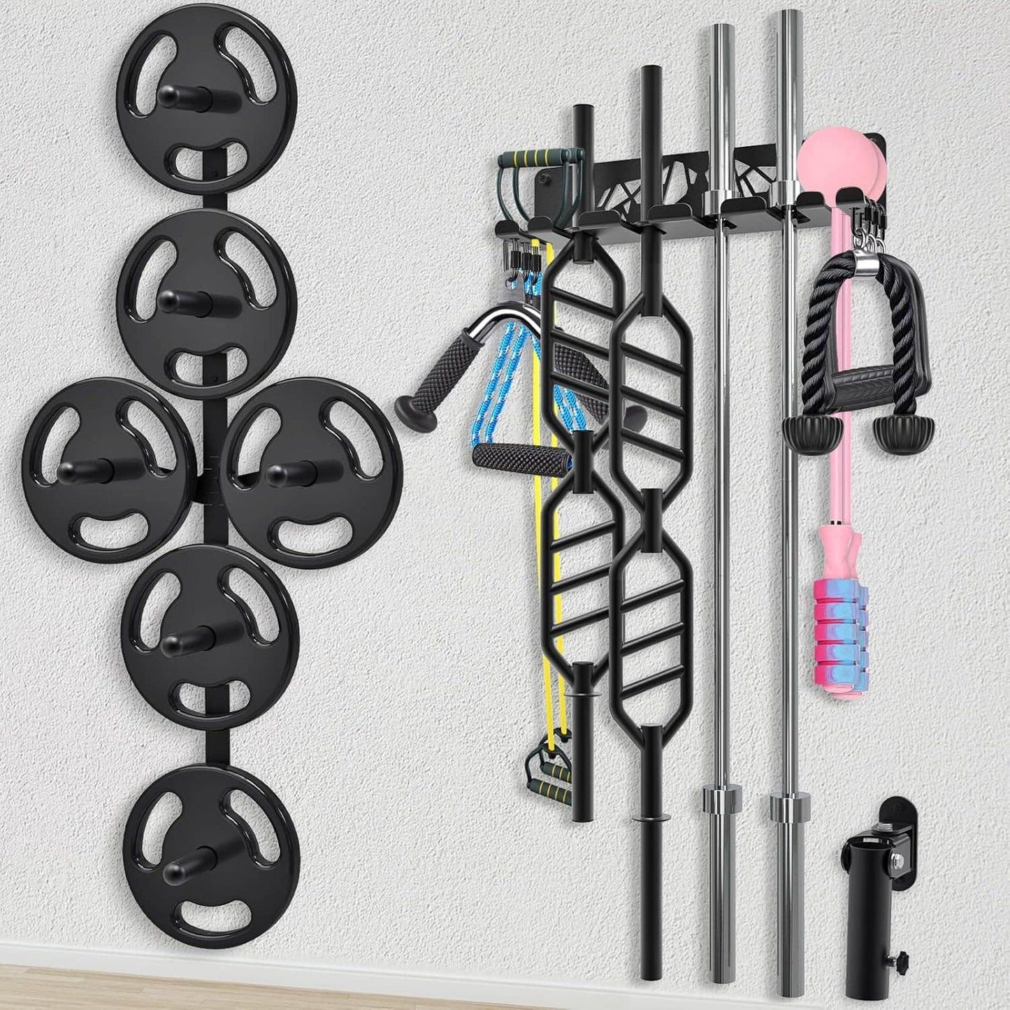 Wall-mounted gym equipment organizer with various fitness tools on a white wall.