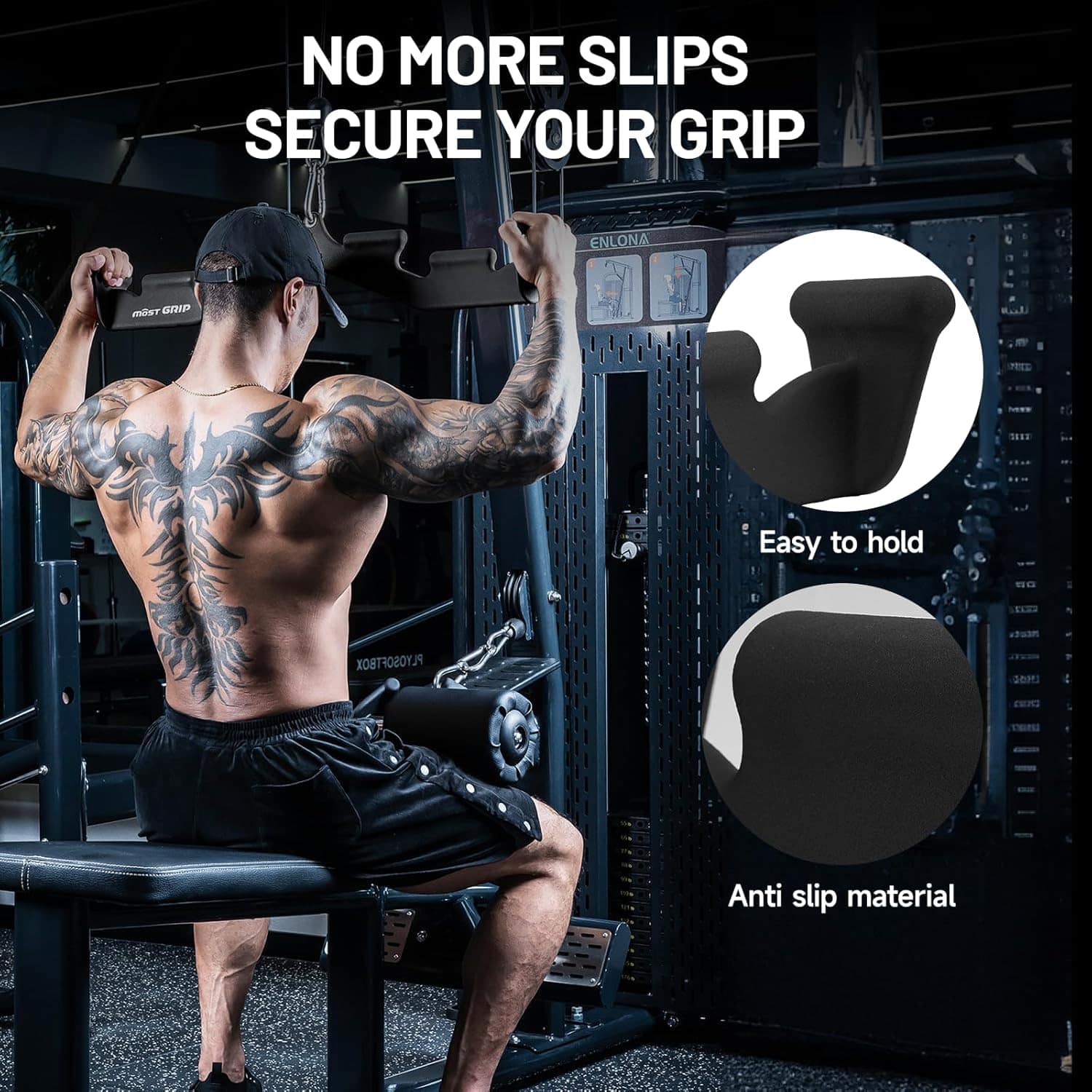 Person in a gym setting with text 'No More Slips Secure Your Grip' and images of anti-slip material.