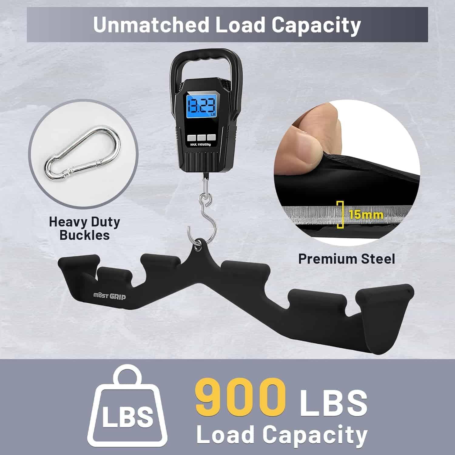 Digital luggage scale with features highlighted on a gray background