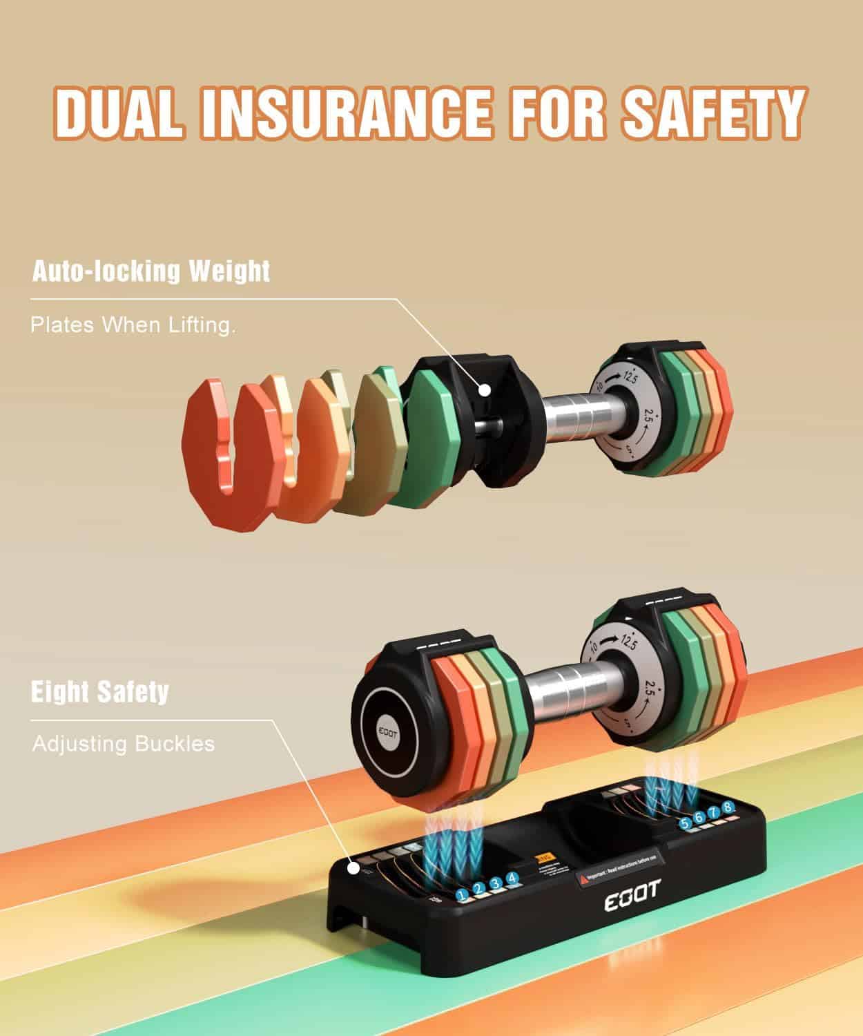 Dumbbell set with adjustable weight plates and safety features on a colorful background