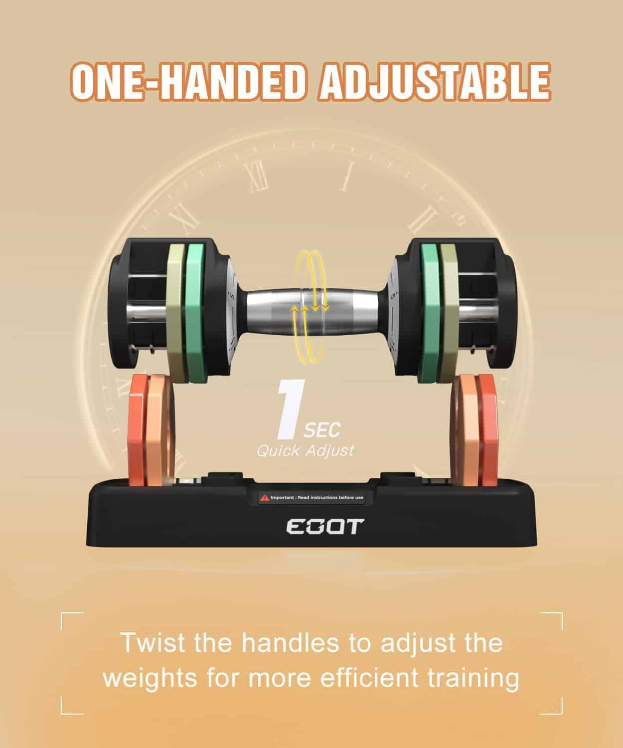 One-handed adjustable dumbbell with digital display on a beige background
