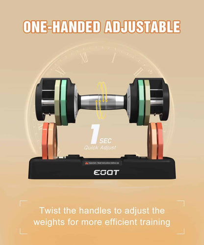 One-handed adjustable dumbbell with digital display on a beige background