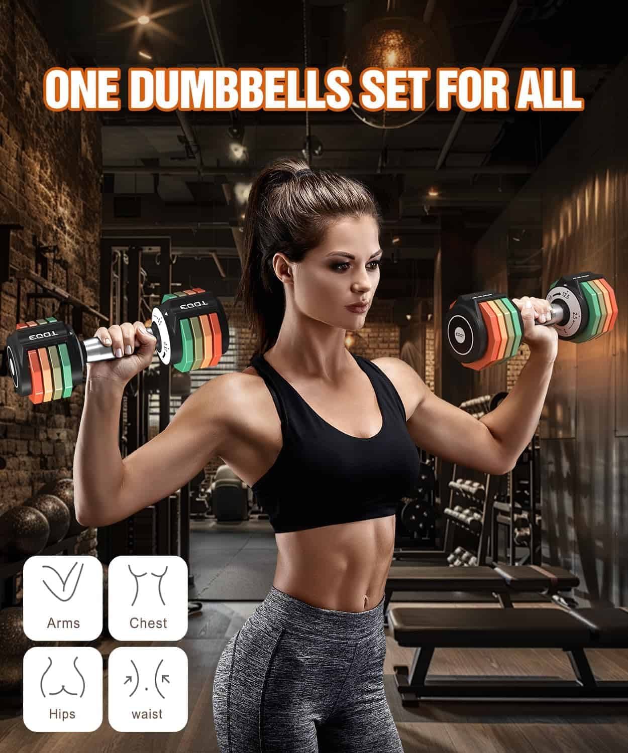 Woman exercising with dumbbells in a gym setting, promotional text overlay.