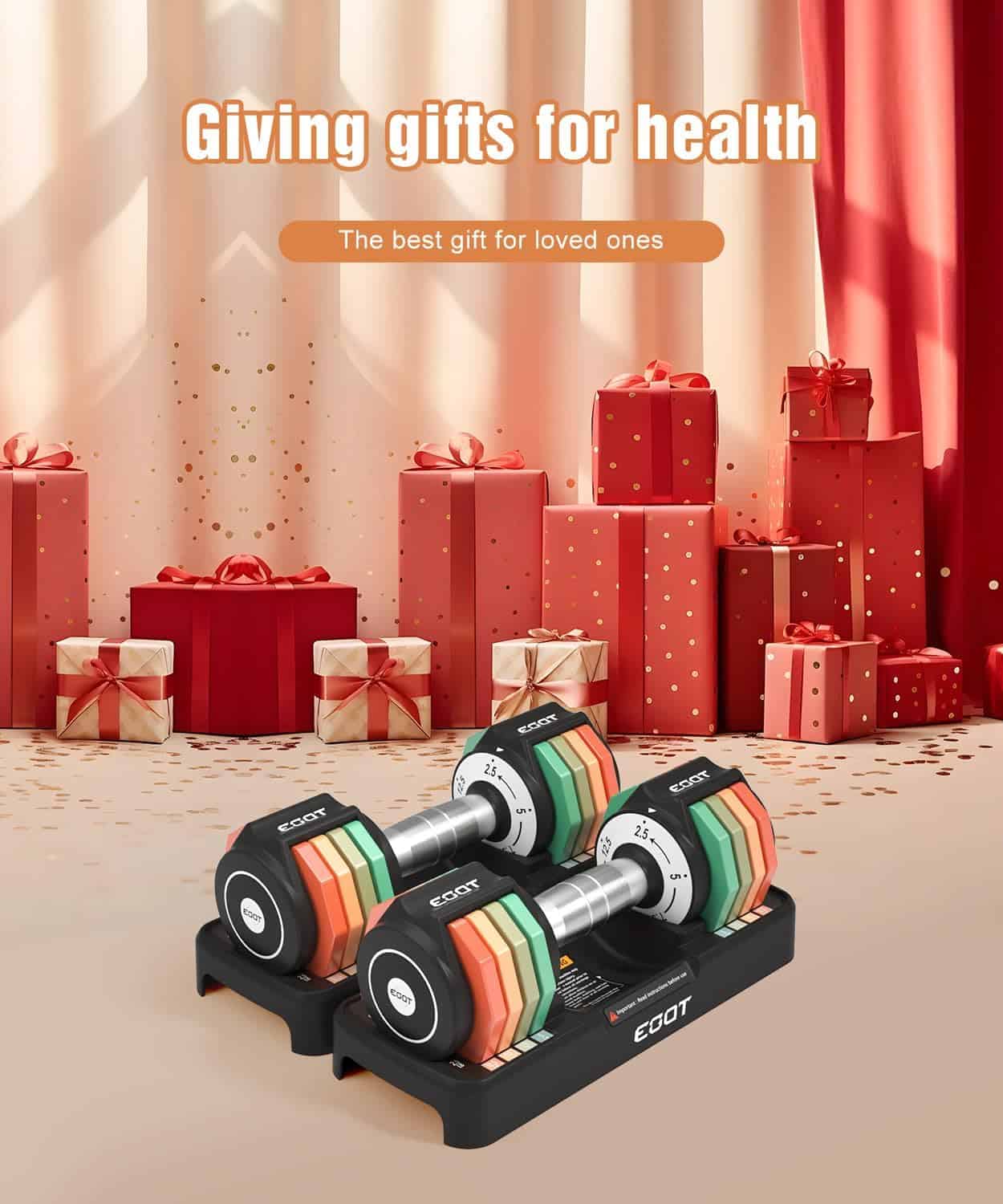 Colorful dumbbells on a stand with gift boxes in the background, labeled 'Giving gifts for health'.