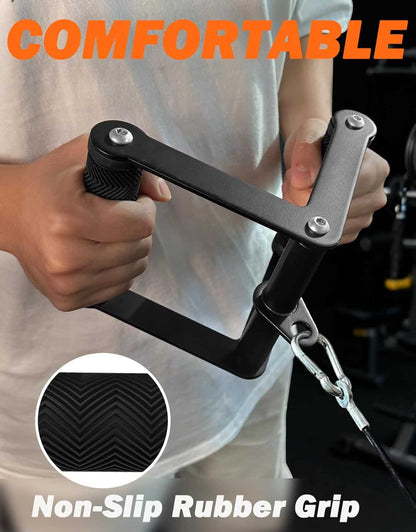 Person holding a black metal handle with a non-slip rubber grip, emphasizing comfort.