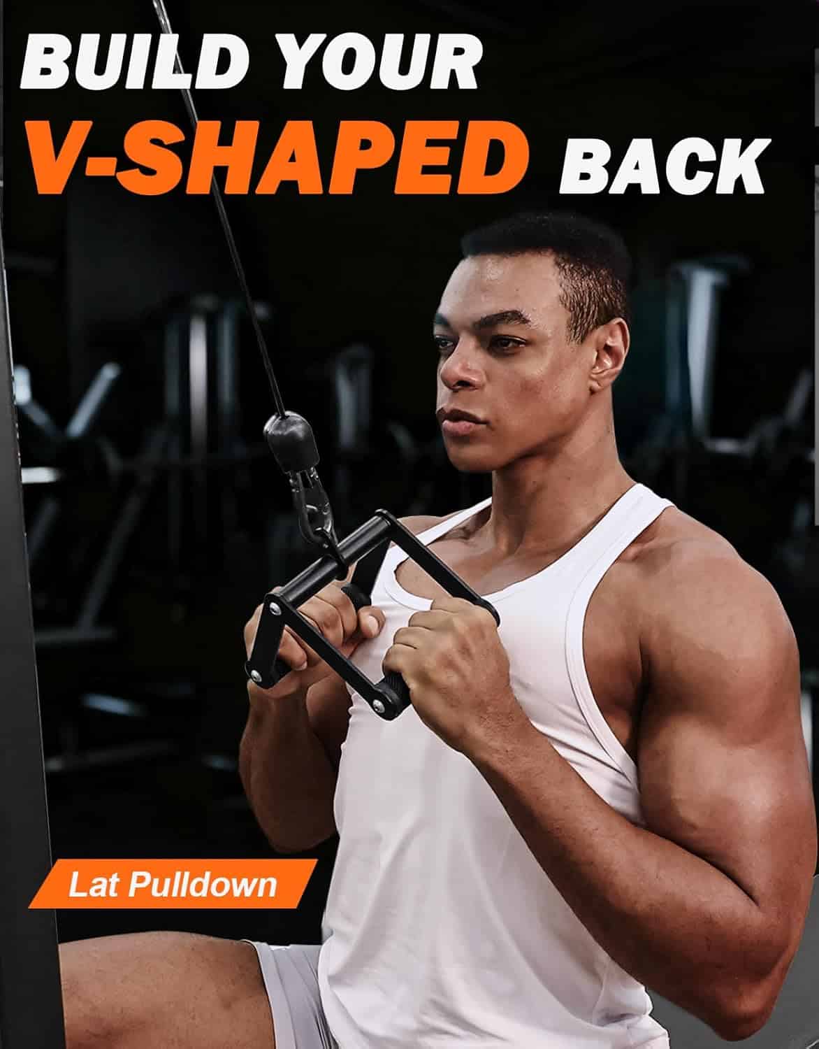 Man using a lat pulldown machine with text promoting building a V-shaped back.