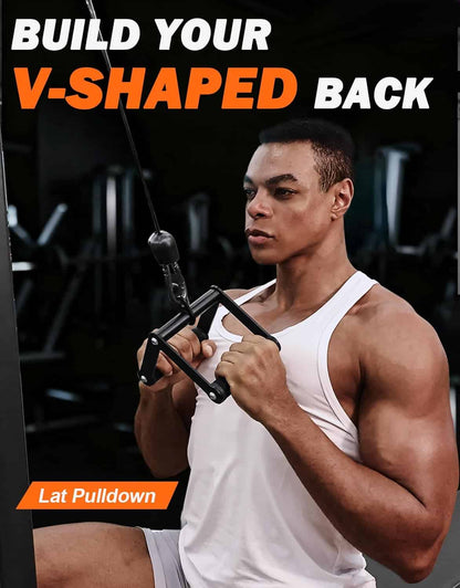 Man using a lat pulldown machine with text promoting building a V-shaped back.