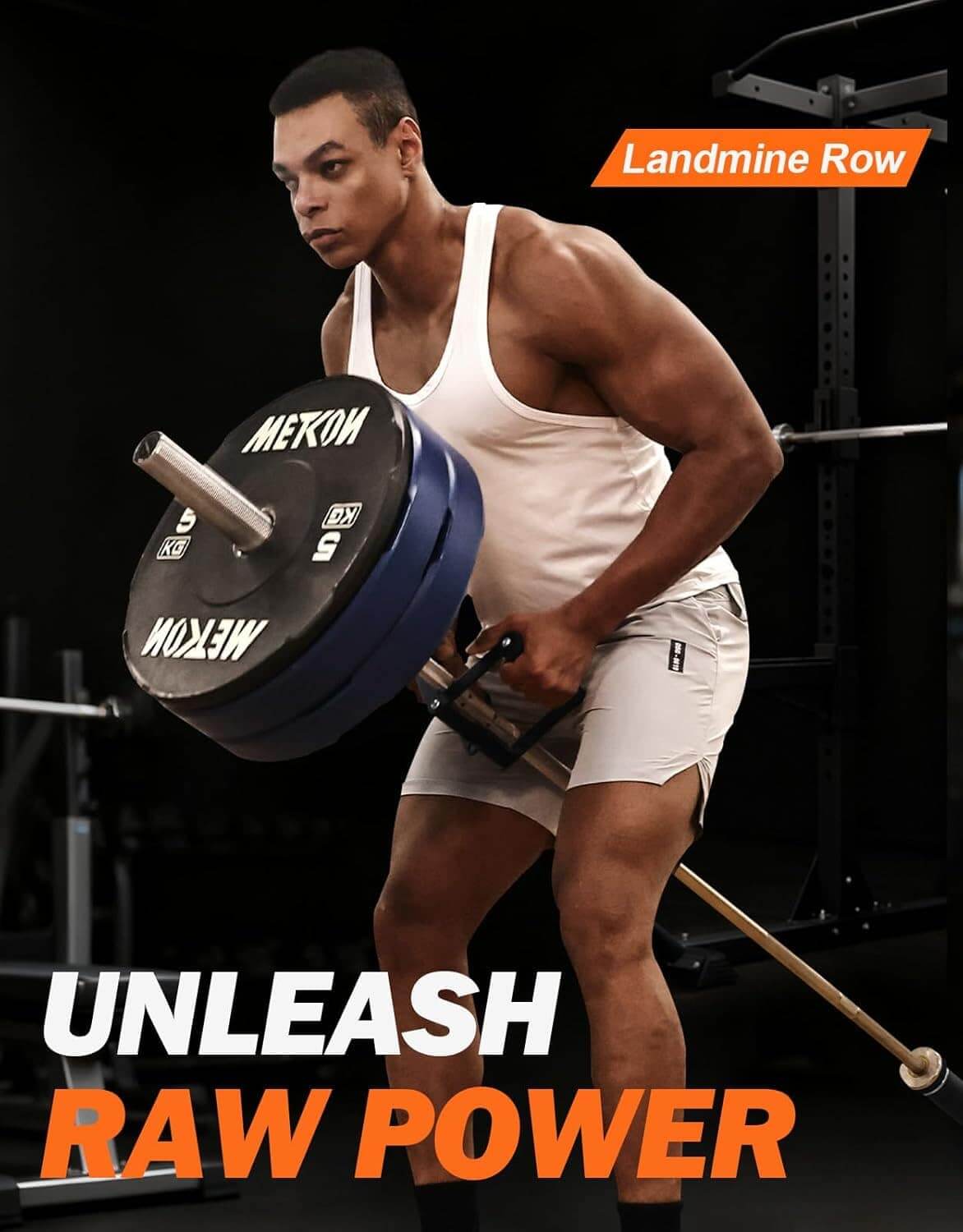 Person performing a landmine row exercise with weights, gym equipment in the background.