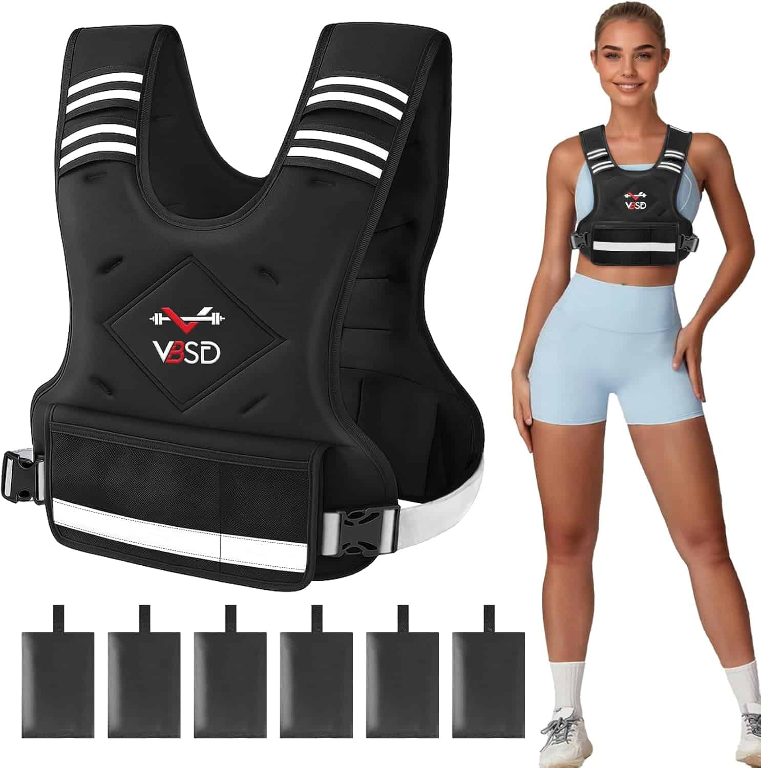 Black weighted vest with reflective stripes and a woman wearing it on a white background