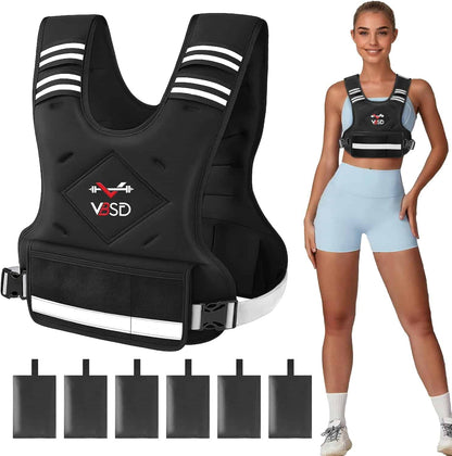 Black weighted vest with reflective stripes and a woman wearing it on a white background