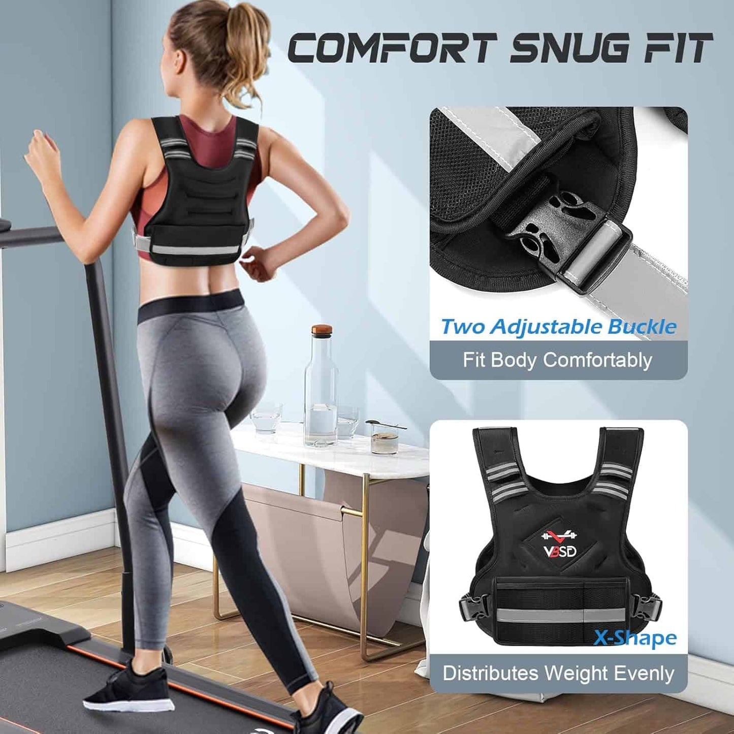 Woman wearing a black and gray fitness vest with product details on a light blue background