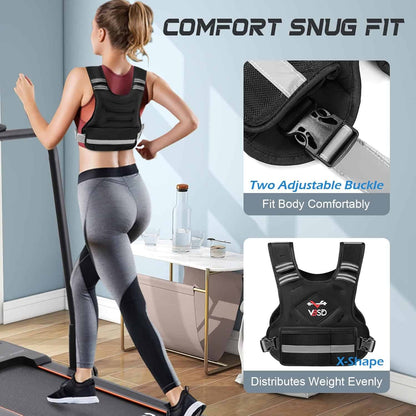 Woman wearing a black and gray fitness vest with product details on a light blue background