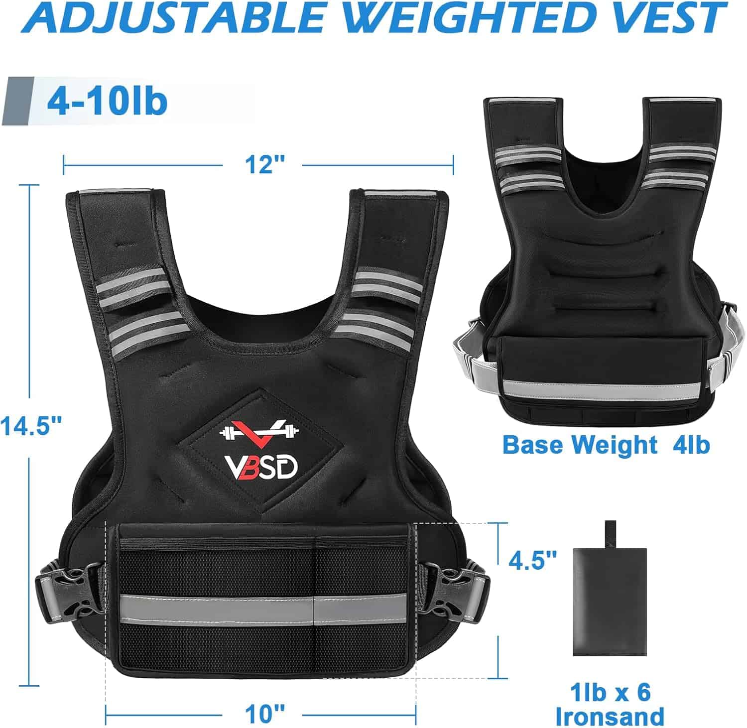 Black adjustable weighted vest with measurement details on a white background