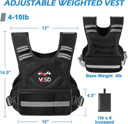 Black adjustable weighted vest with measurement details on a white background