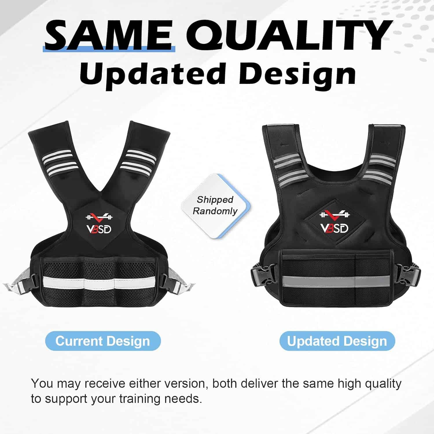 Two weight vests, one labeled 'Current Design' and the other 'Updated Design', on a white background with text about quality and design updates.