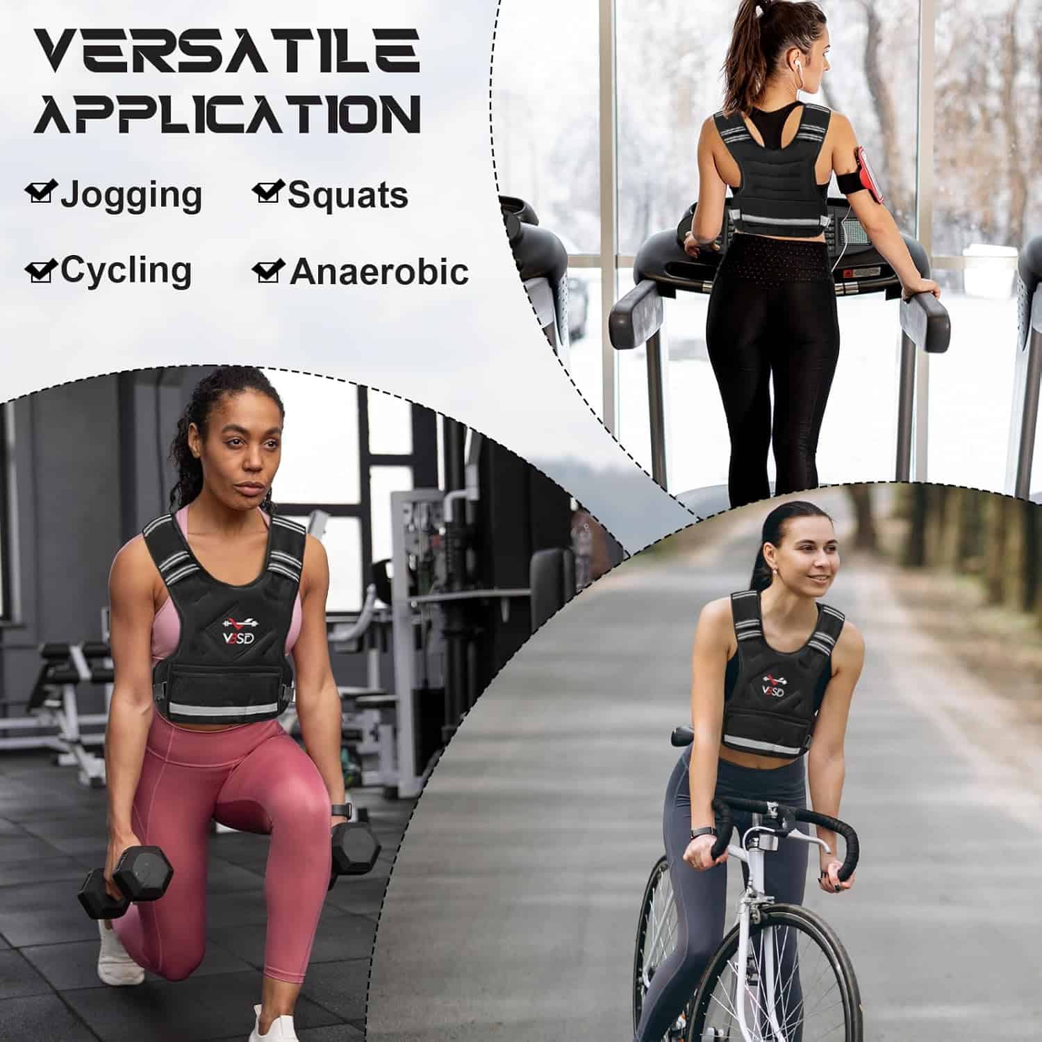 Woman wearing a black fitness vest in various activities with text 'Versatile Application' and a list of activities.