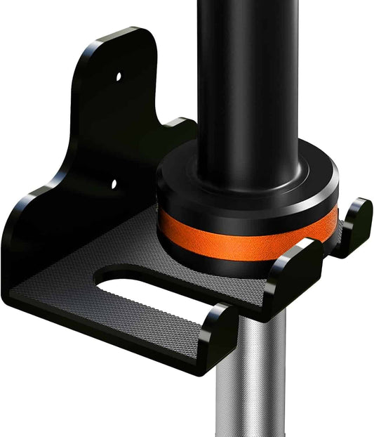 Close-up of a black and orange bike stand on a white background