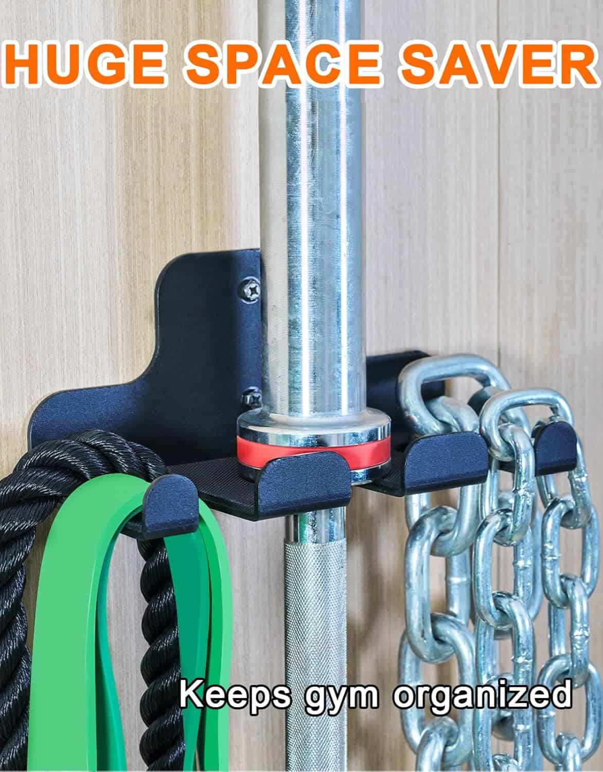 Gym equipment organizer with chains and belts, labeled as a 'HUGE SPACE SAVER' for keeping gym organized.