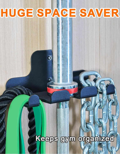 Gym equipment organizer with chains and belts, labeled as a 'HUGE SPACE SAVER' for keeping gym organized.