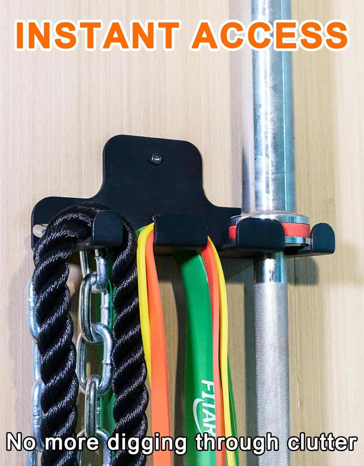 Black hook holding multiple dog leashes against a wooden background with text 'Instant Access' and 'No more digging through clutter'.