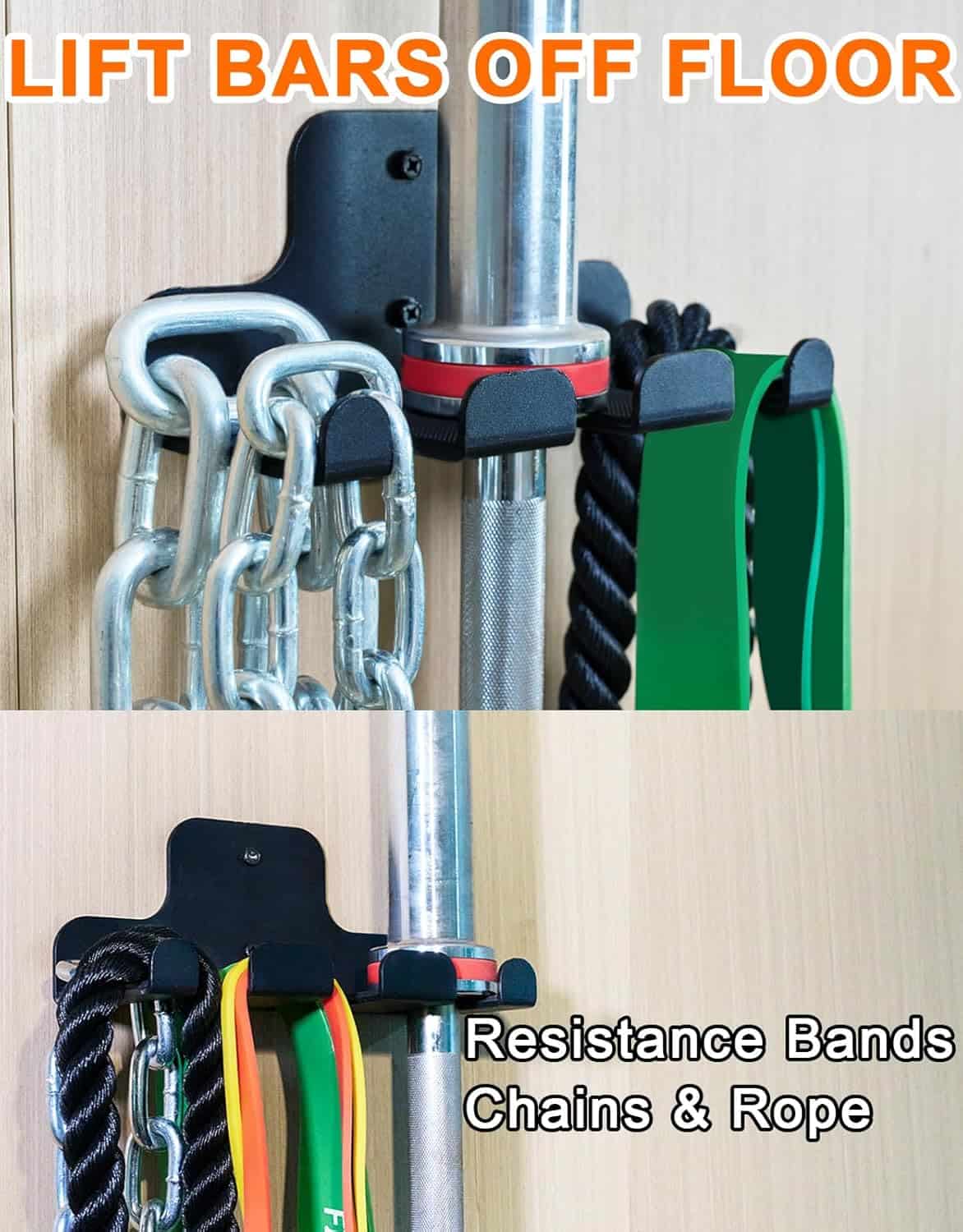 Storage solution for lifting bars, resistance bands, chains, and rope on a wooden floor.